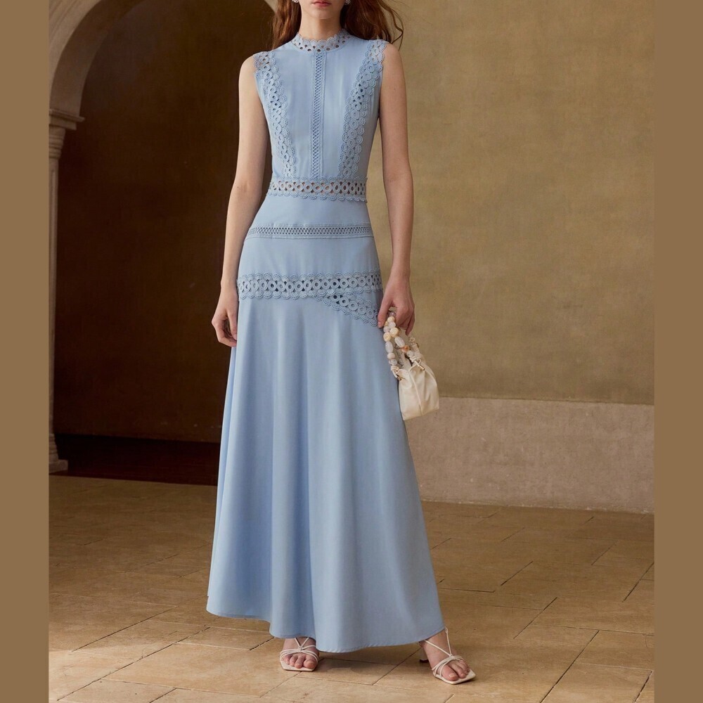 Dusty Blue Crochet Lace Trim Sleeveless Maxi Dress - Picture 2 of 7